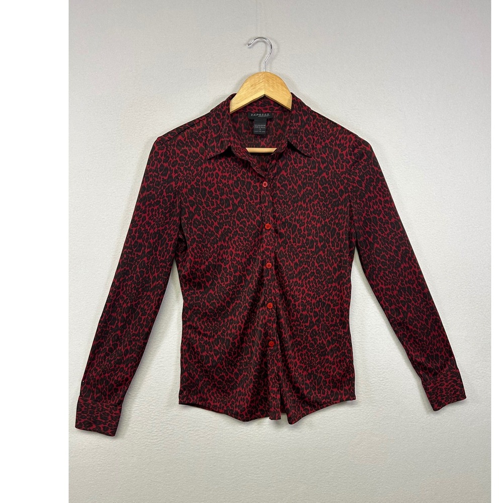 Mob Wife Indie Sleaze Express Womens Sm Red Black Leopard Print Button Up Shirt